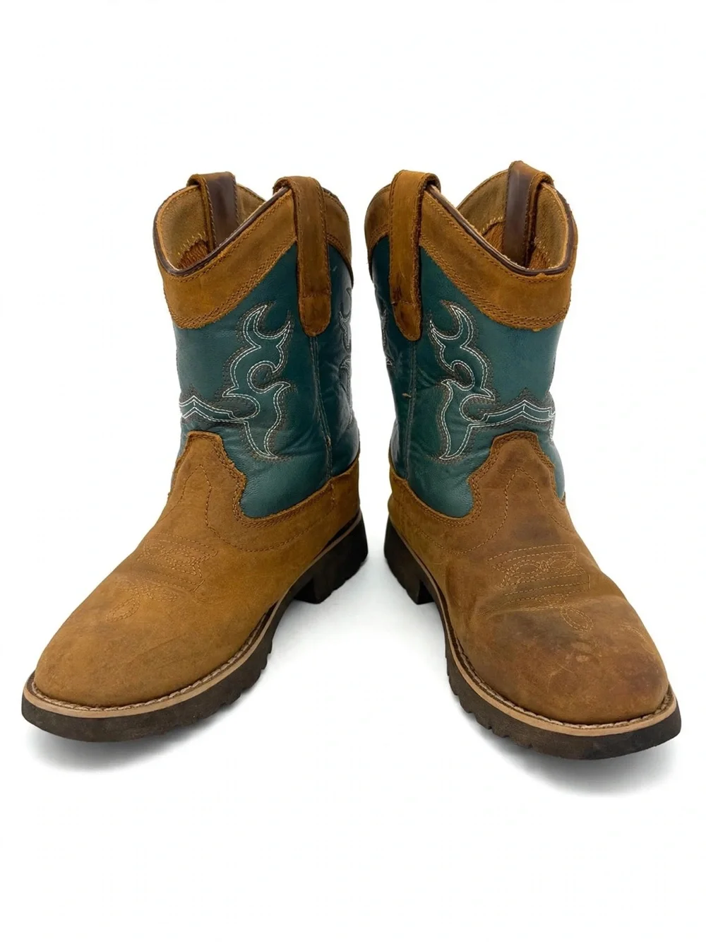 Kids Brown and Teal Western Pull-On Boots